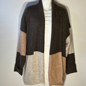 Entro SZ M Brown & Ecru colorblock long open front cardigan oversized timeless